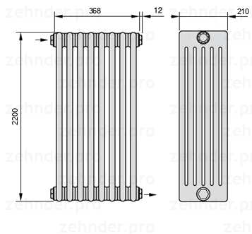 Схема (чертеж) Радиатор Zehnder Charleston 6220/8 №1670 Белый глянцевый RAL 9016